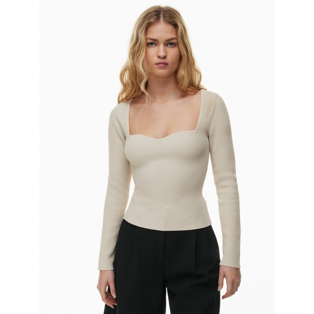 Aritzia Babaton Sculpt Knit Sweetheart Long Sleeve Top – Beige (Size S)